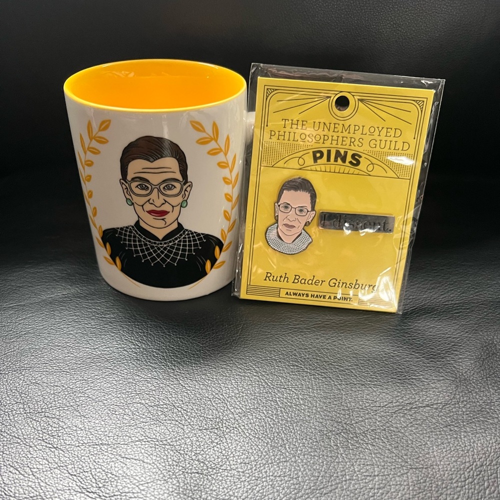 RGB Ruth Bader Ginsburg Coffee Cup/Mug & “I Dissent” Enamel Pin Set.